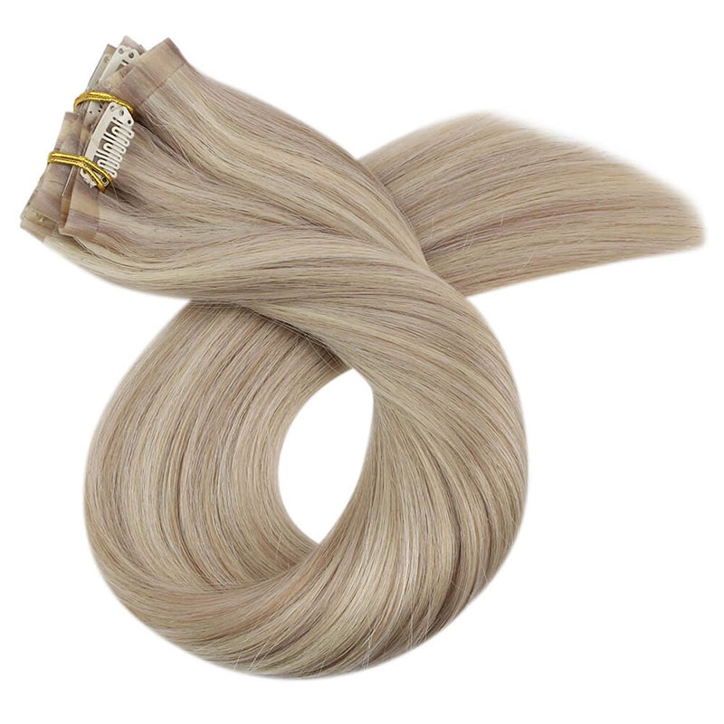 Ash Blonde PU Clip sin costuras en extensiones de cabello humano Remy (#P18/613)