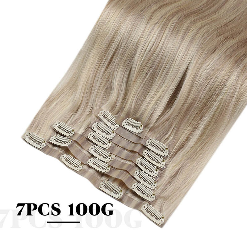Ash Blonde PU Clip sin costuras en extensiones de cabello humano Remy (#P18/613)