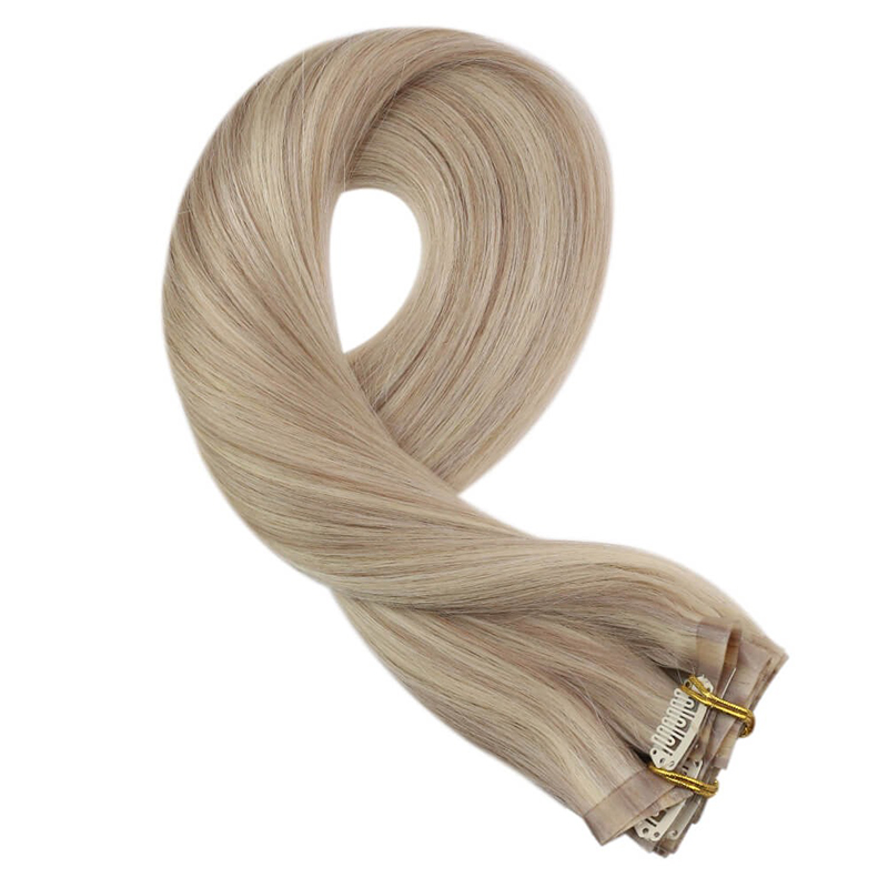 Ash Blonde PU Clip sin costuras en extensiones de cabello humano Remy (#P18/613)