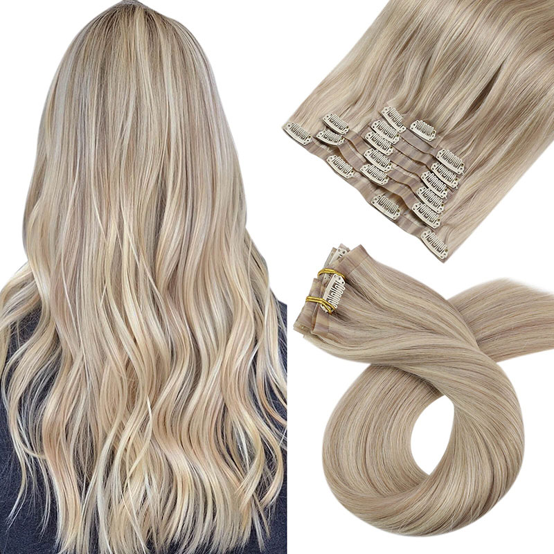Ash Blonde PU Clip sin costuras en extensiones de cabello humano Remy (#P18/613)