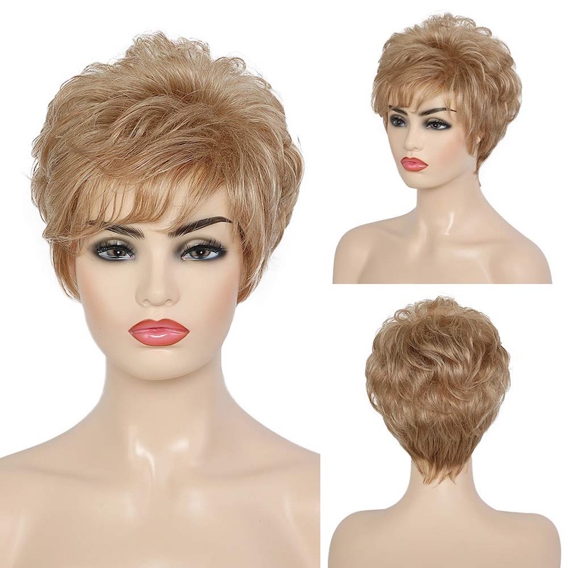 Pelucas sintéticas rubias para mujer Pelucas diarias con corte Pixie de colores mezclados