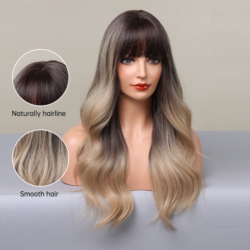 Peluca ondulada rubia Ombre gris con flequillo Peluca rizada sintética de raíces oscuras