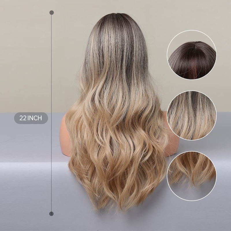 Peluca ondulada rubia Ombre gris con flequillo Peluca rizada sintética de raíces oscuras