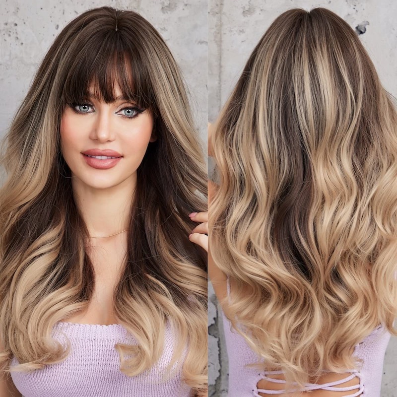 Peluca ondulada rubia Ombre gris con flequillo Peluca rizada sintética de raíces oscuras