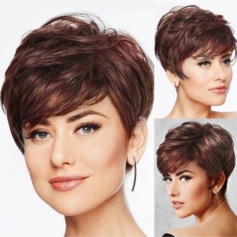Peluca sintética marrón corte Pixie para mujer pelucas diarias estilo capas