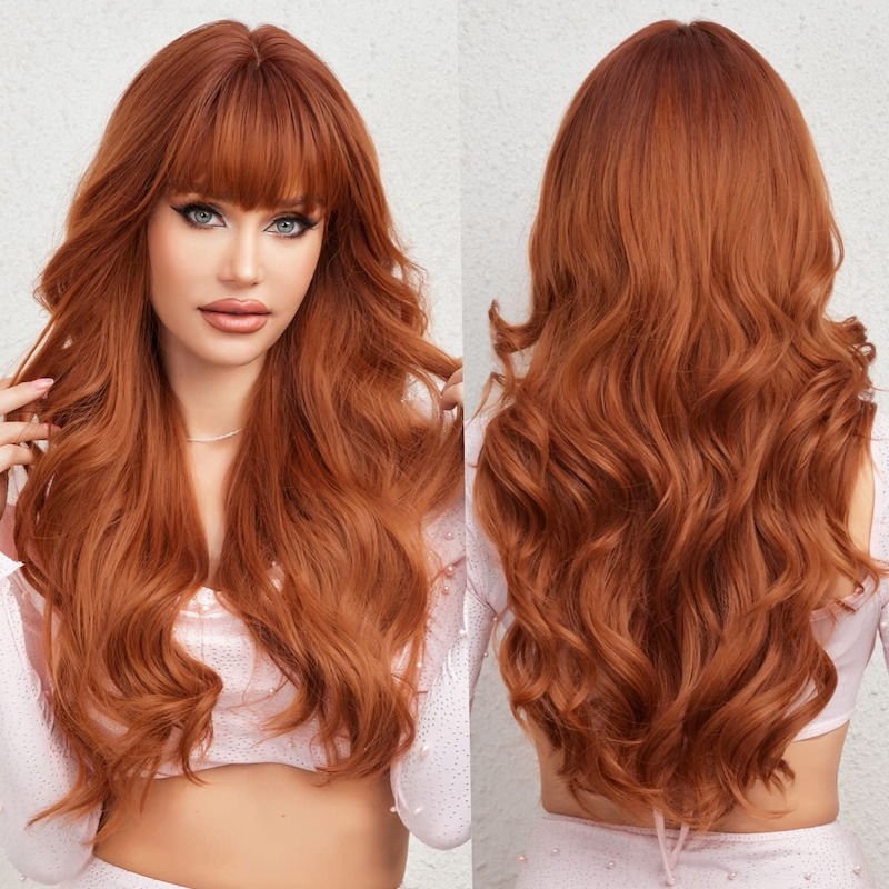 Pelucas rizadas de color naranja jengibre con flequillo, pelucas de cosplay sintéticas resistentes al calor