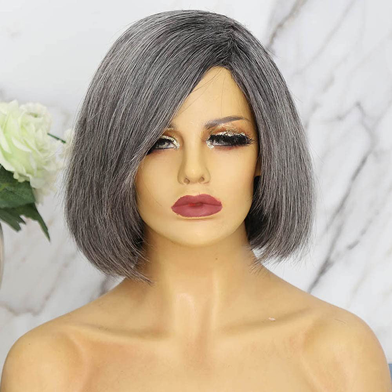 Peluca de pelo humano gris Bob Peluca de pelo liso de sal y pimienta 150% 10 pulgadas