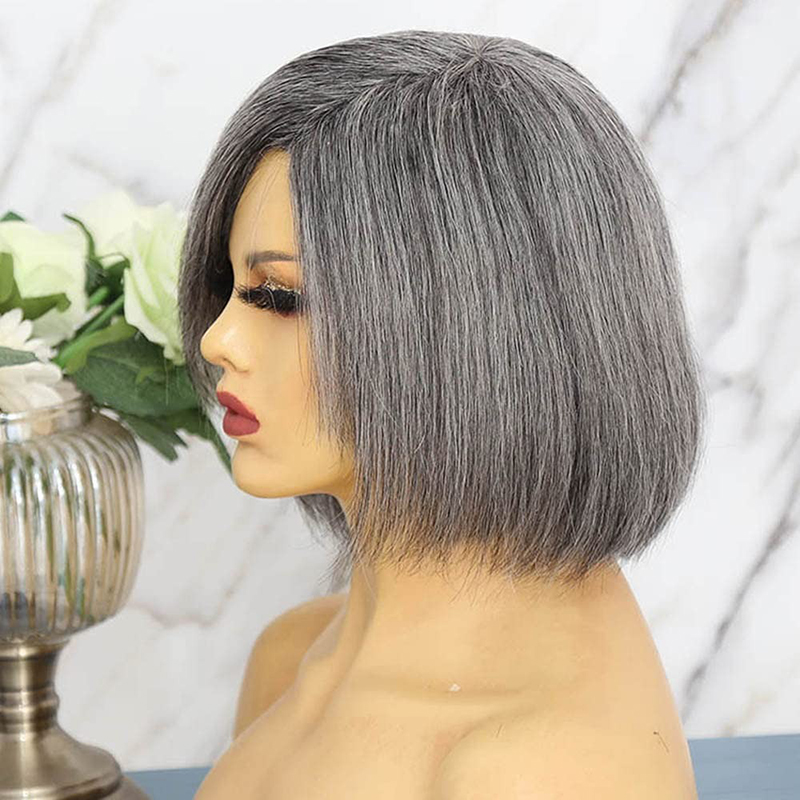 Peluca de pelo humano gris Bob Peluca de pelo liso de sal y pimienta 150% 10 pulgadas