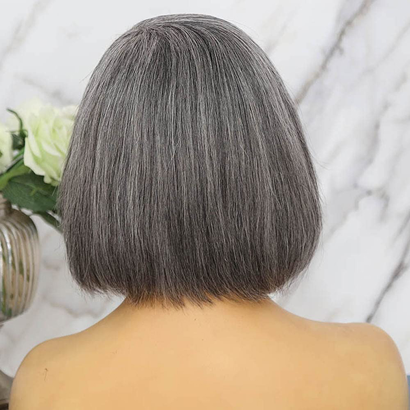 Peluca de pelo humano gris Bob Peluca de pelo liso de sal y pimienta 150% 10 pulgadas