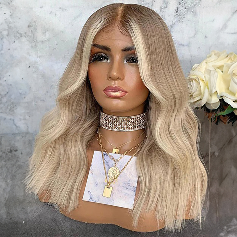 Resalte Ash Blonde Ondulado 13x4 Peluca de encaje Peluca de cabello humano de encaje frontal sin cola