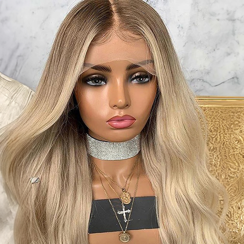 Resalte Ash Blonde Ondulado 13x4 Peluca de encaje Peluca de cabello humano de encaje frontal sin cola