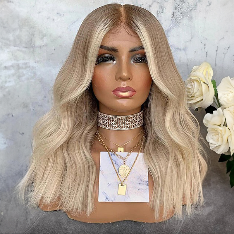 Resalte Ash Blonde Ondulado 13x4 Peluca de encaje Peluca de cabello humano de encaje frontal sin cola