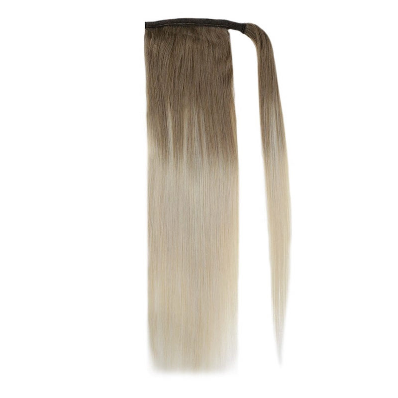 Extensiones de cola de caballo de cabello humano Balayage #8/60 Clip envolvente en 100G