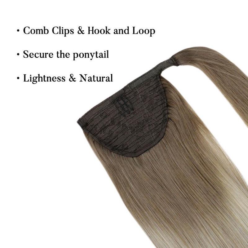 Extensiones de cola de caballo de cabello humano Balayage #8/60 Clip envolvente en 100G