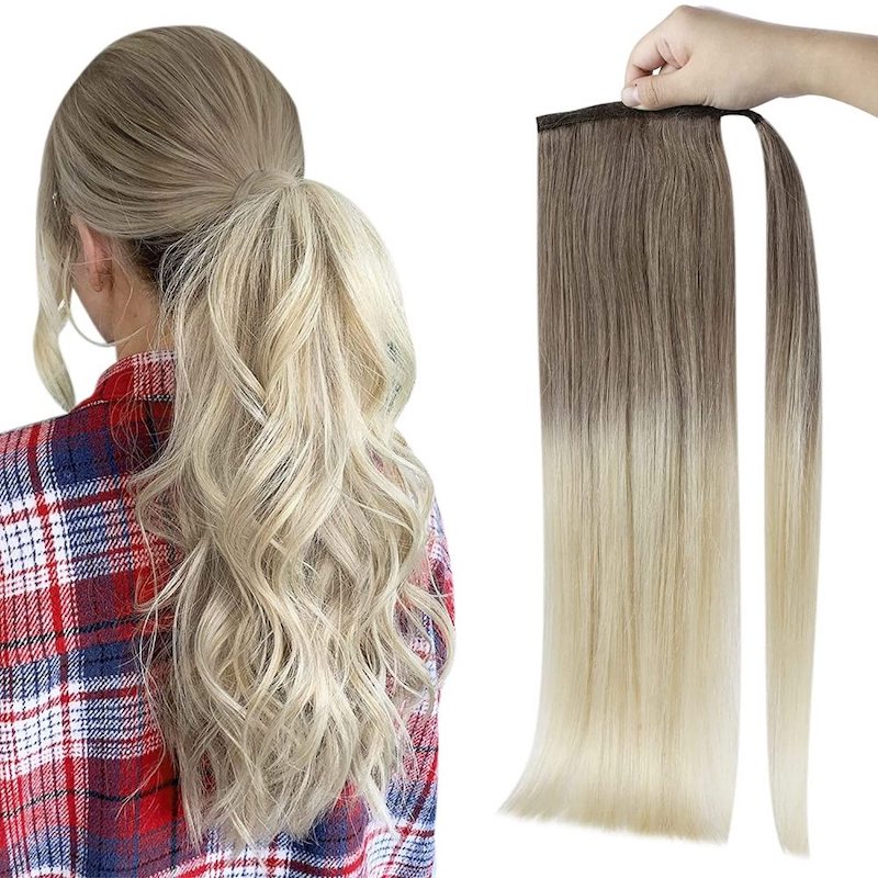 Extensiones de cola de caballo de cabello humano Balayage #8/60 Clip envolvente en 100G
