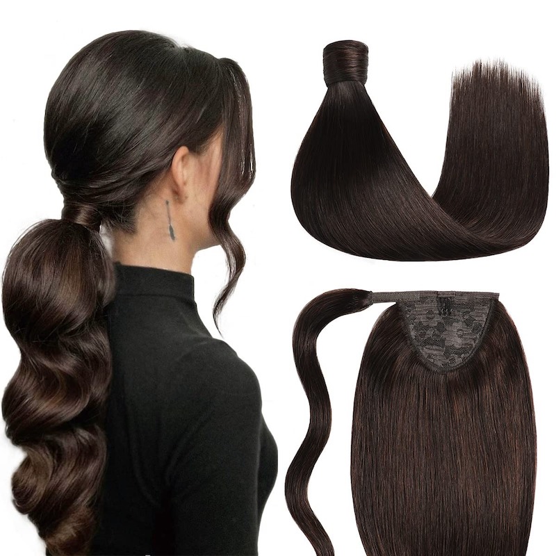 Extensiones de cola de caballo de cabello humano envueltas alrededor del clip en 100G #2 Marrón más oscuro