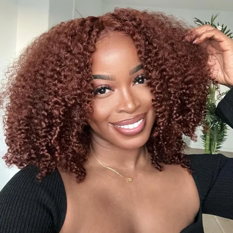 Cabello humano Rojo Marrón 13x4 Frente de encaje Peluca rizada rizada Línea de cabello prearrancada