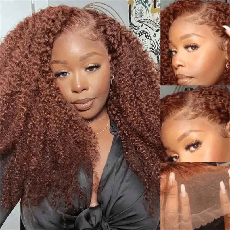 Cabello humano Rojo Marrón 13x4 Frente de encaje Peluca rizada rizada Línea de cabello prearrancada