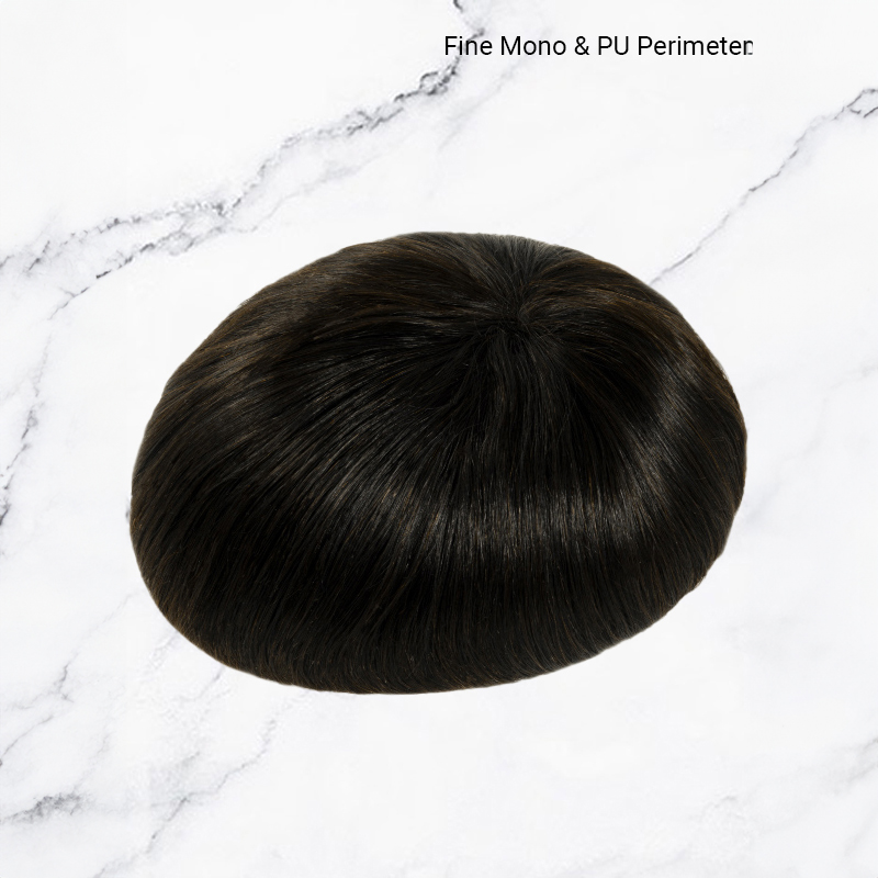 Tupé de cabello humano Sistema de reemplazo de piezas de cabello para hombres Mono fino con PU # 1B