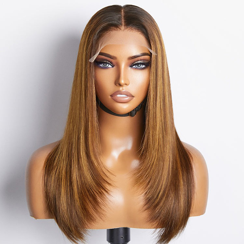 Peluca de encaje con cierre 5x5 sin cola, mezcla marrón, rubia, corte en capas, prearrancada