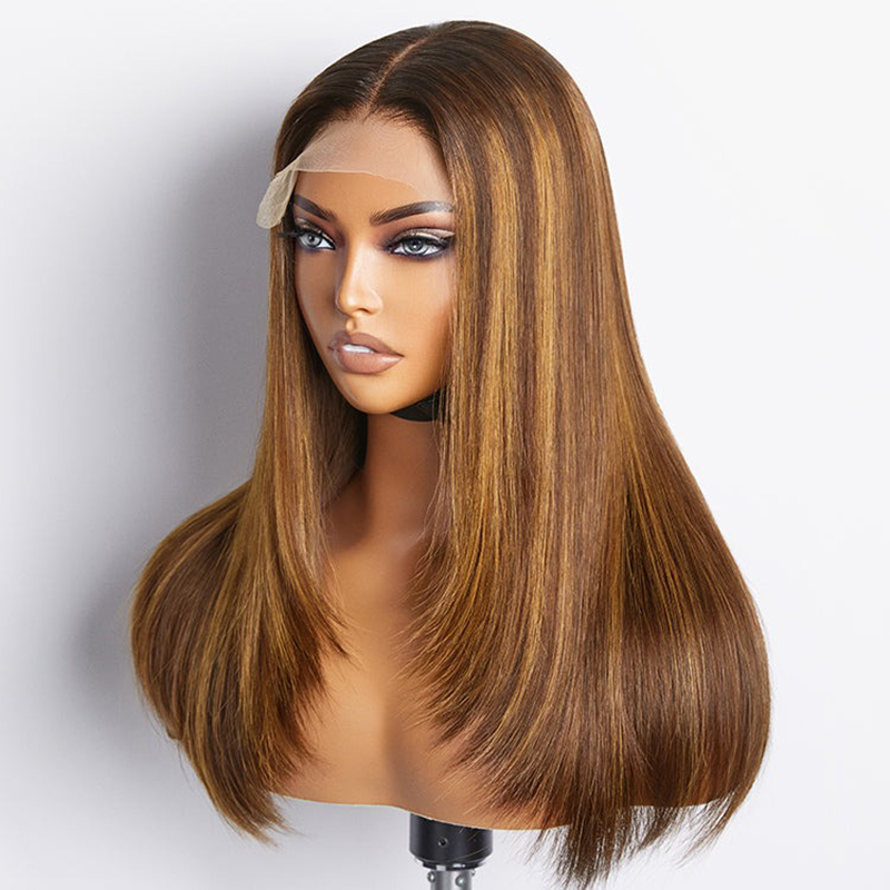 Peluca de encaje con cierre 5x5 sin cola, mezcla marrón, rubia, corte en capas, prearrancada