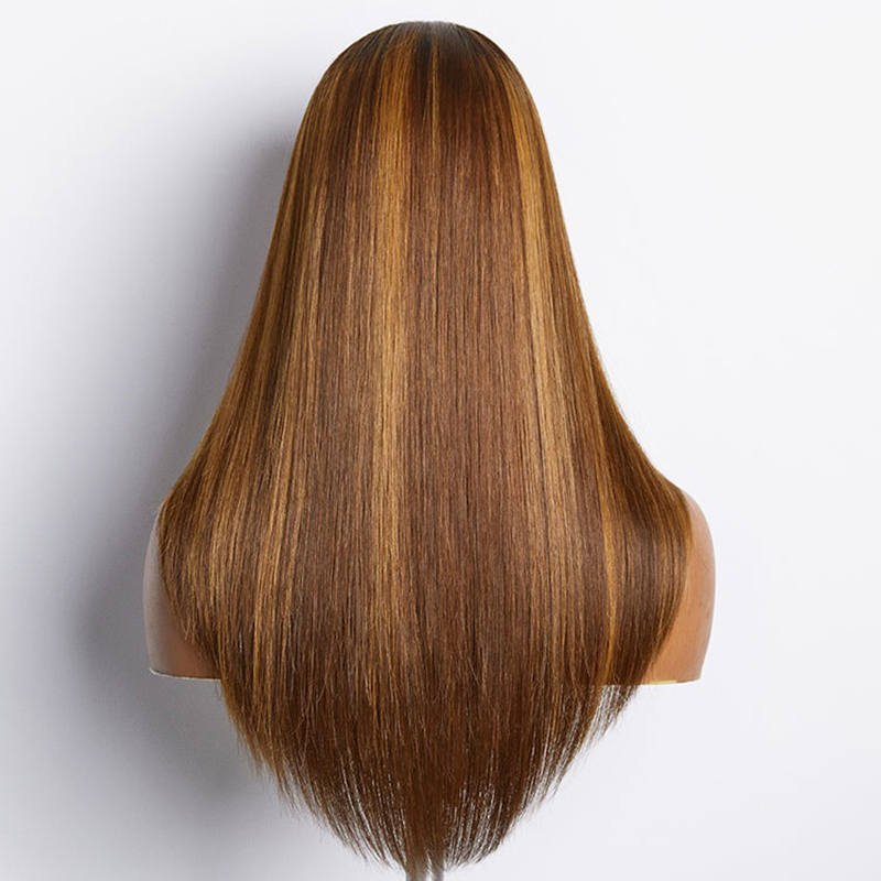 Peluca de encaje con cierre 5x5 sin cola, mezcla marrón, rubia, corte en capas, prearrancada