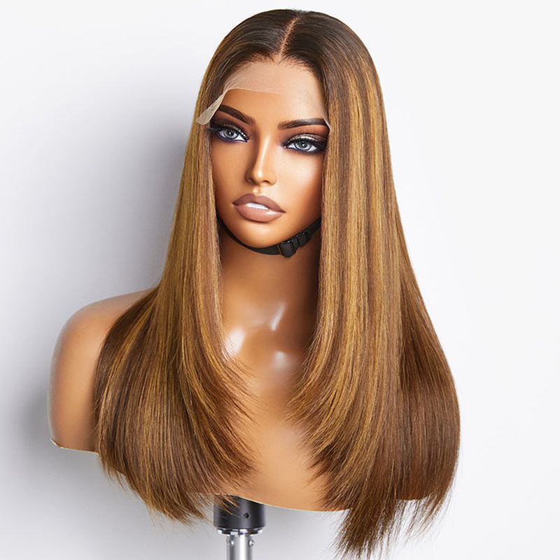 Peluca de encaje con cierre 5x5 sin cola, mezcla marrón, rubia, corte en capas, prearrancada