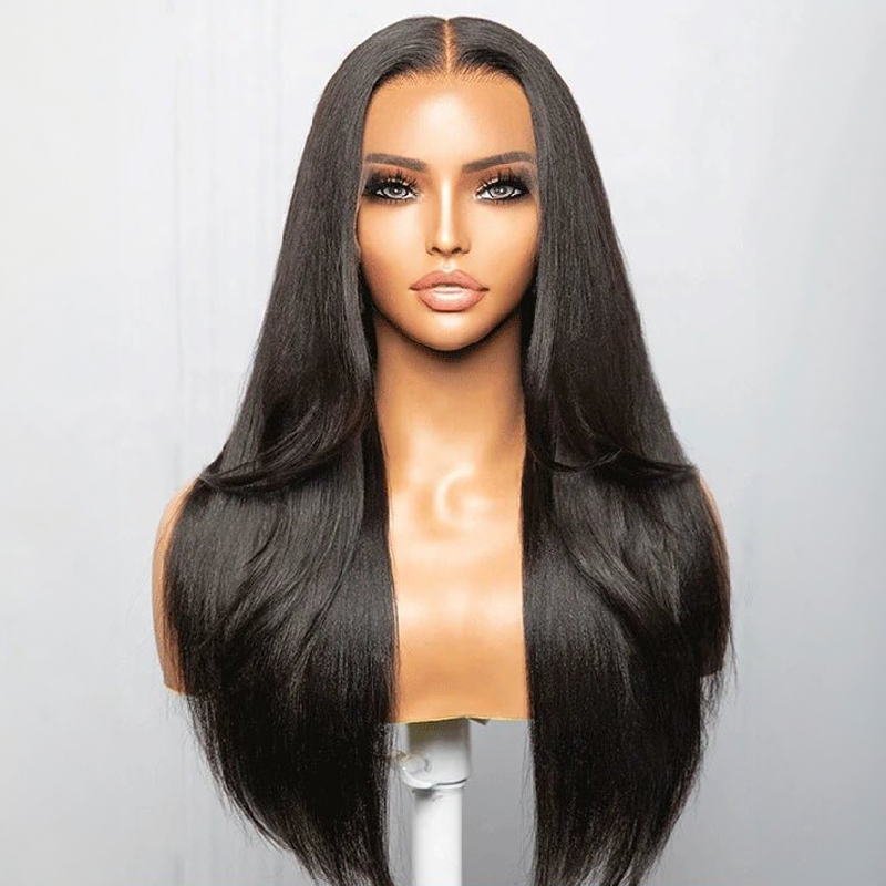 Peluca de encaje despistado con parte media recta Yaki de corte en capas 100% cabello humano