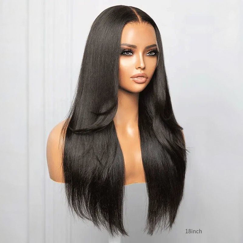 Peluca de encaje despistado con parte media recta Yaki de corte en capas 100% cabello humano