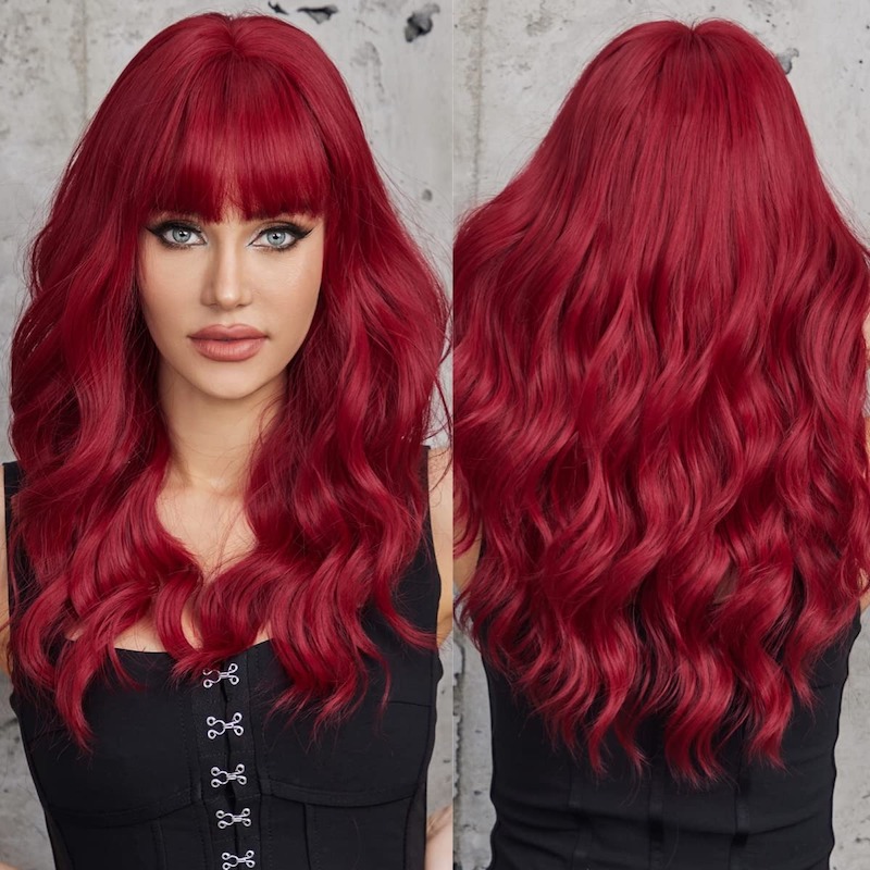 Long Wavy Red Wigs with Bangs for Women Synthetic Wigs for Daily