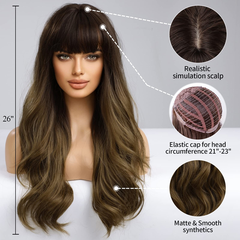 Pelucas rizadas largas de color marrón degradado con flequillo Pelucas sintéticas Aspecto natural suave