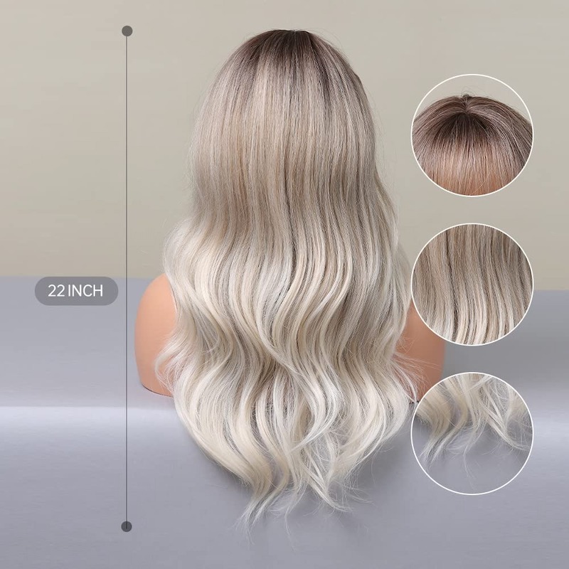 Peluca ondulada rubia gris ombre con flequillo Peluca rizada sintética de raíces oscuras