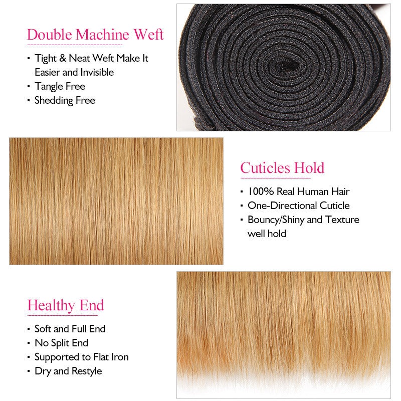 Ombre T1B/27 100% cabello humano virgen recto 3 paquetes con cierre de encaje 4x4