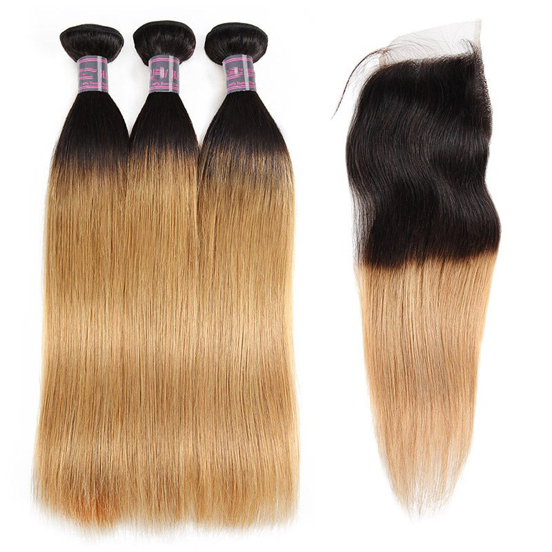Ombre T1B/27 100% cabello humano virgen recto 3 paquetes con cierre de encaje 4x4