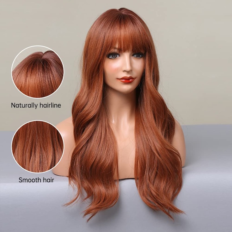 Pelucas Sintéticas Marrón Naranja Peluca Ondulada Natural con Flequillo Rubio Fresa