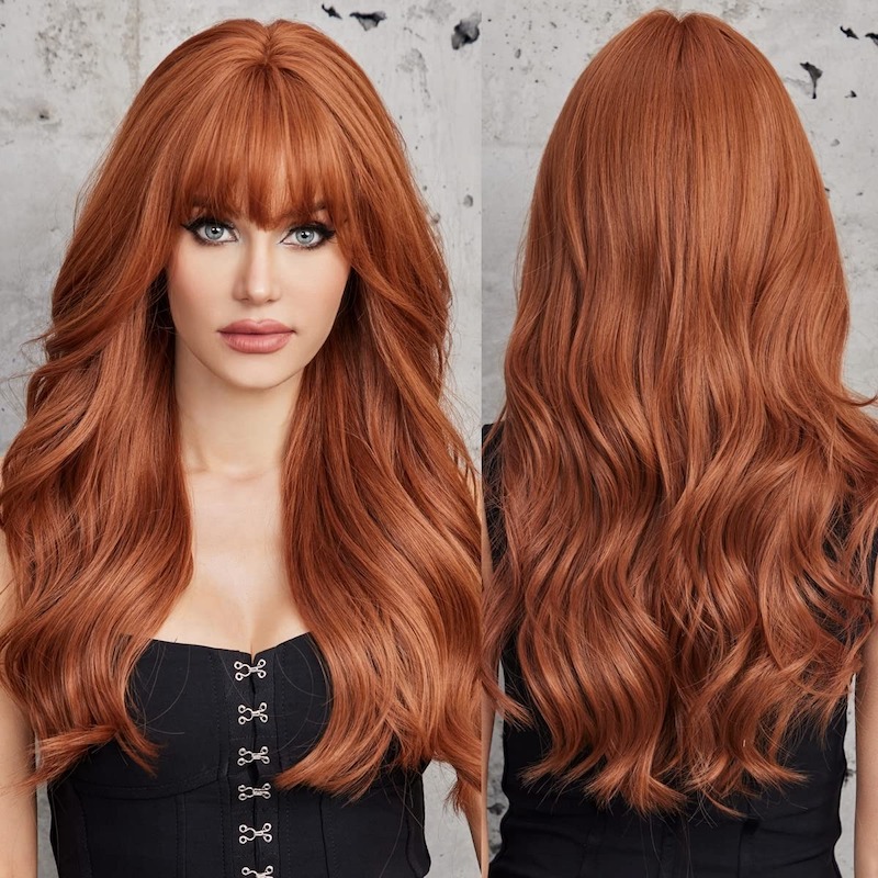 Pelucas Sintéticas Marrón Naranja Peluca Ondulada Natural con Flequillo Rubio Fresa