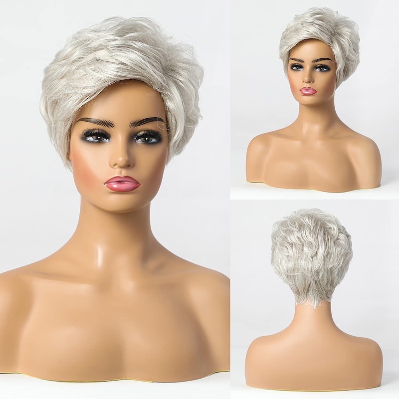 Peluca de corte Pixie, pelucas cortas de color gris plateado para mujer, peluca de pelo natural en capas