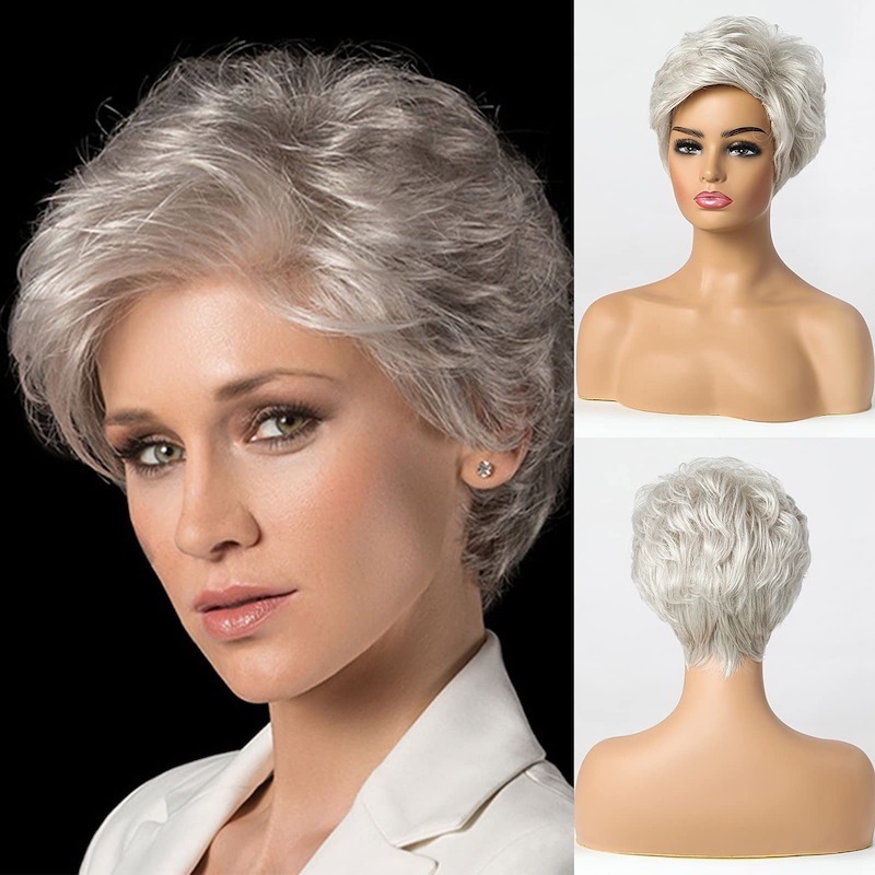 Peluca de corte Pixie, pelucas cortas de color gris plateado para mujer, peluca de pelo natural en capas