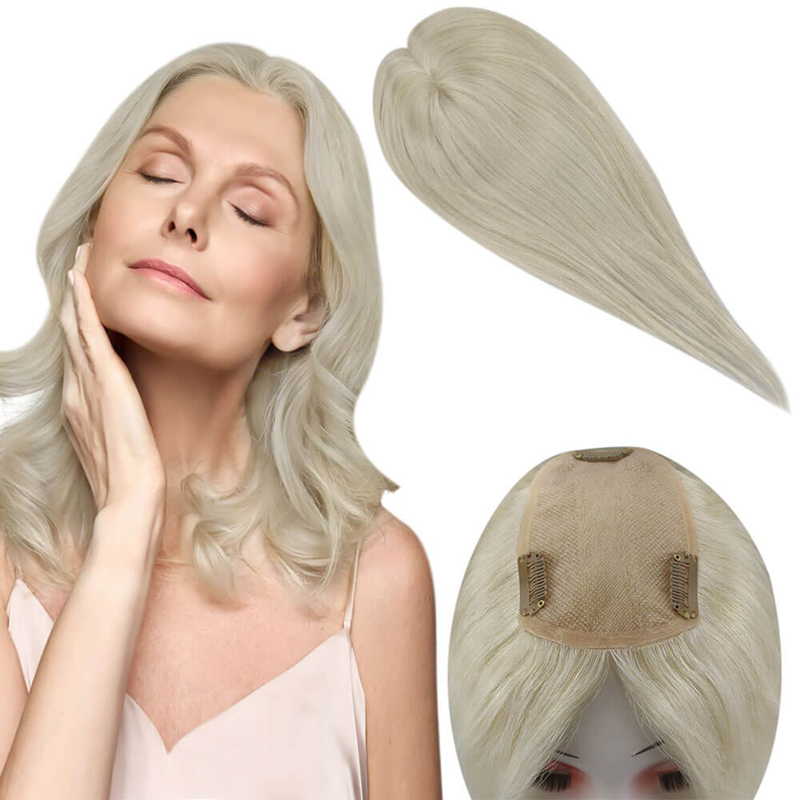 Rubio platino #60 Mono Cabello humano Topper Postizo de 3X5 pulgadas