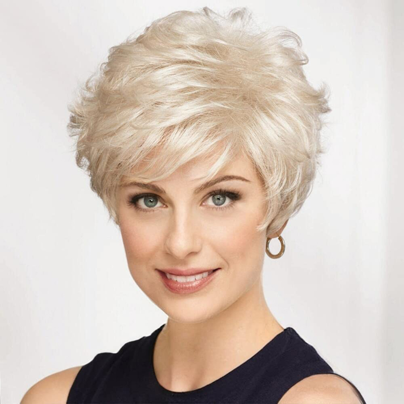 Pelucas rubias platino para mujer, peluca sintética de corte Pixie con flequillo