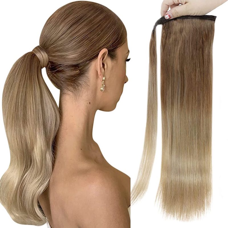 Extensión de cola de caballo Cabello humano Balayage Marrón #10/14 100G Clip en recto