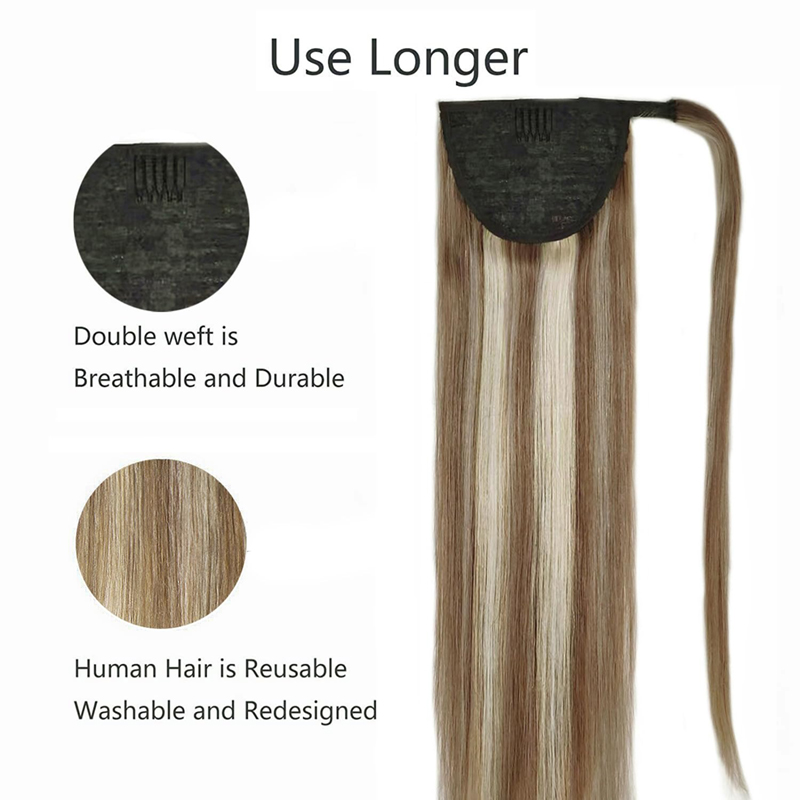 Extensión de cola de caballo Cabello humano Postizos castaños oscuros y rubios blanqueados
