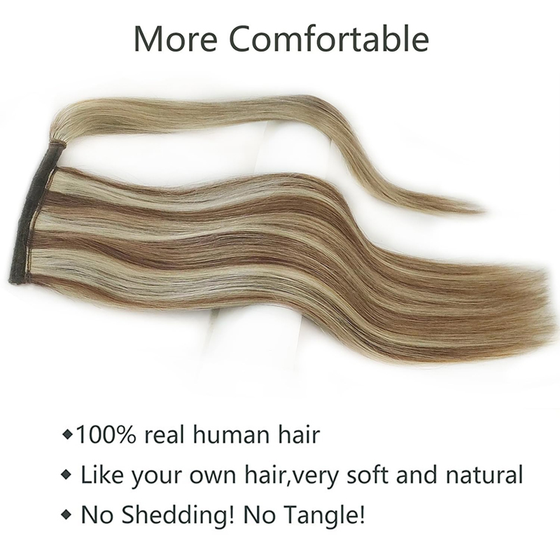 Extensión de cola de caballo Cabello humano Postizos castaños oscuros y rubios blanqueados