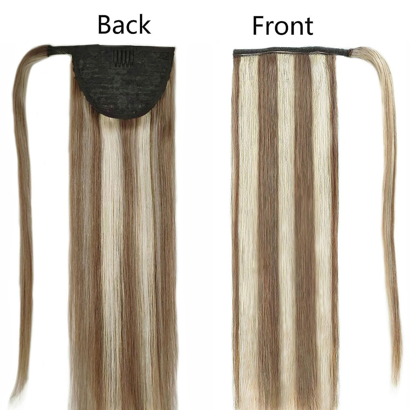 Extensión de cola de caballo Cabello humano Postizos castaños oscuros y rubios blanqueados
