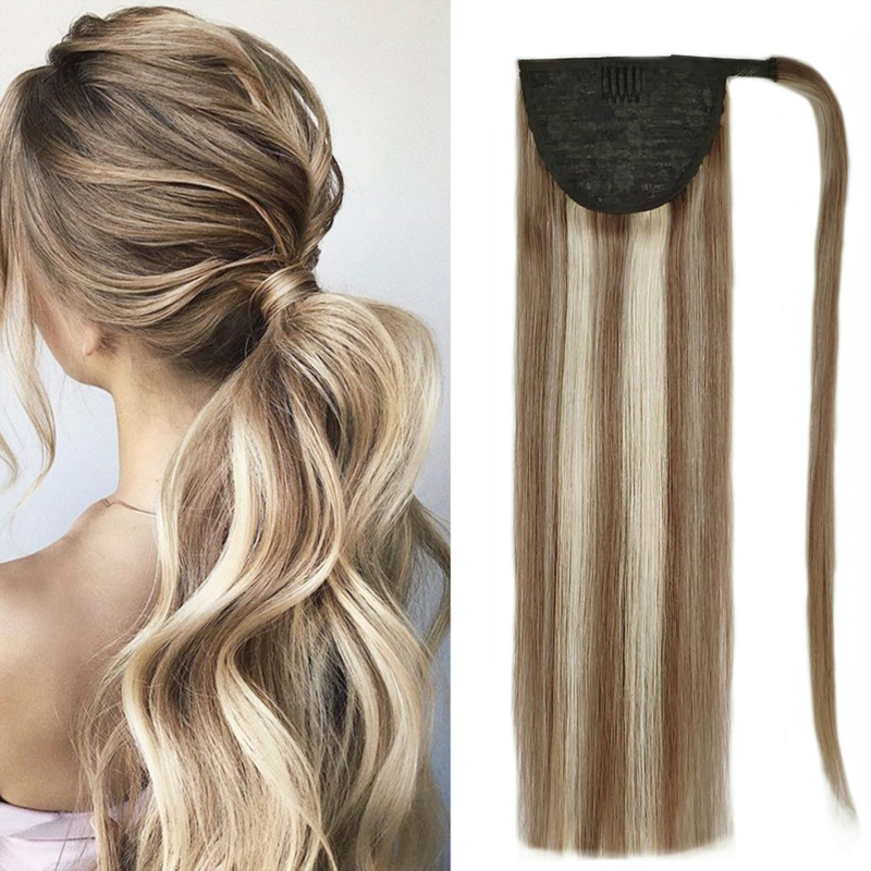 Extensión de cola de caballo Cabello humano Postizos castaños oscuros y rubios blanqueados