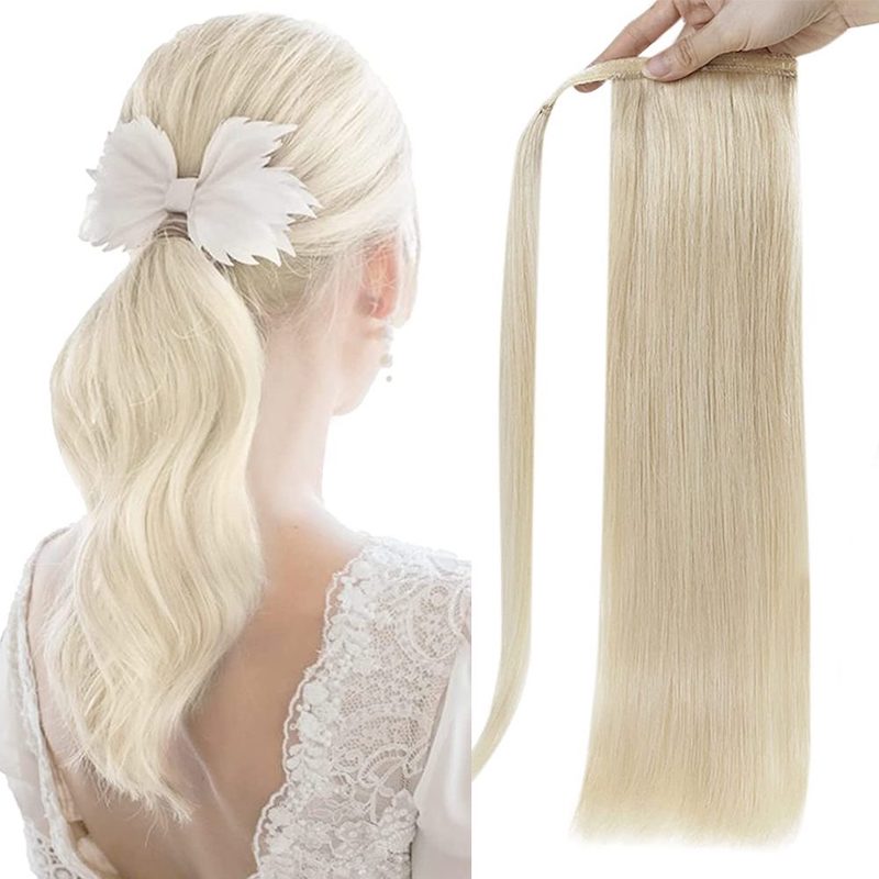 Extensión de cola de caballo Cabello humano Rubio platino #60 100G Clip en extensión