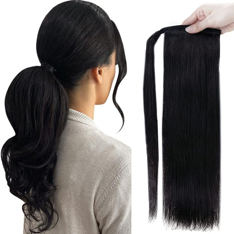 Extensión de cola de caballo cabello humano envolvente con clip en cola de caballo 100 g #1 negro azabache