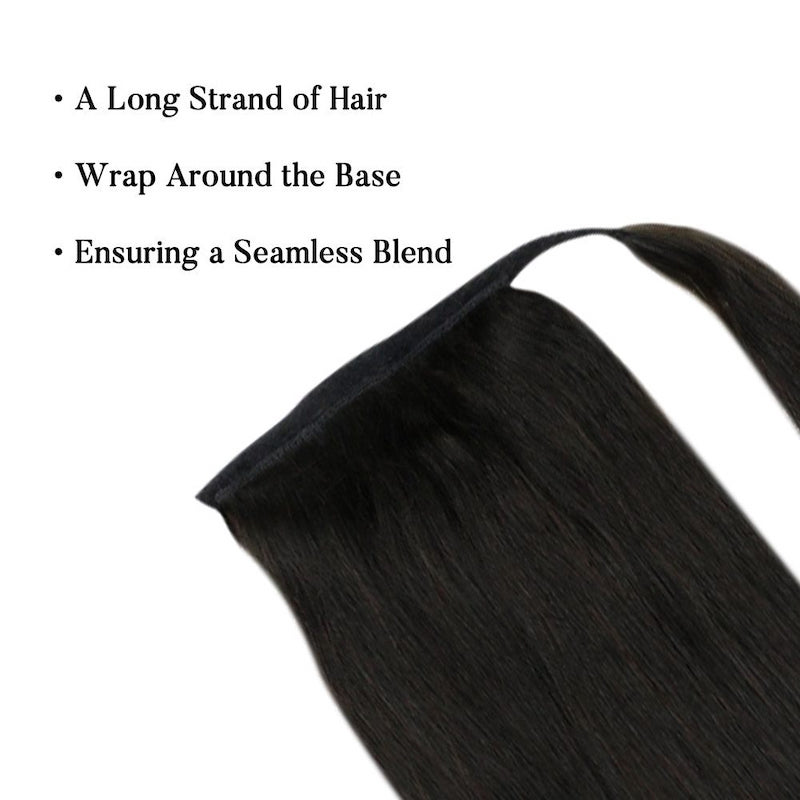 Cola de Caballo Cabello Humano Clip en Pieza de Cabello Extensión de Cola de Caballo #1B Negro Natural