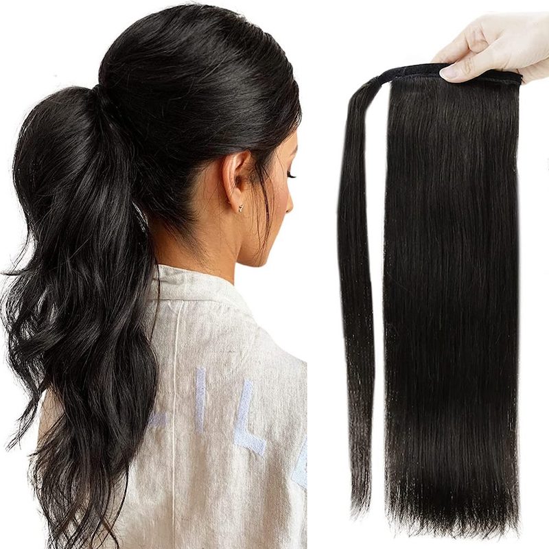 Cola de Caballo Cabello Humano Clip en Pieza de Cabello Extensión de Cola de Caballo #1B Negro Natural