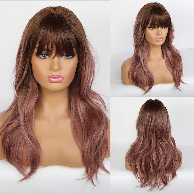 Pelucas onduladas de color rosa púrpura con flequillo Pelucas sintéticas rizadas naturales de Ombre